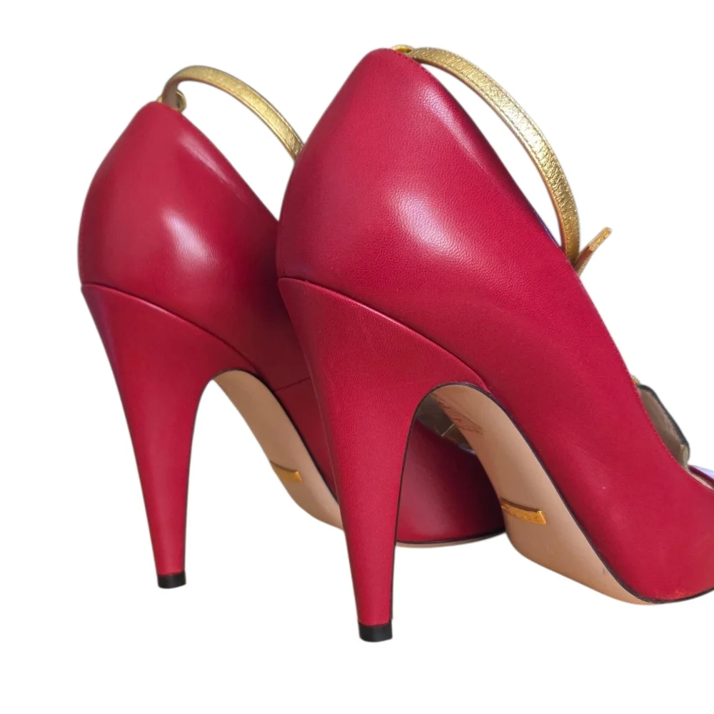 Iconic Gucci Molina Lips T-Strap Heels Red Gold Leather Pumps 38.5 - Picture 8 of 16